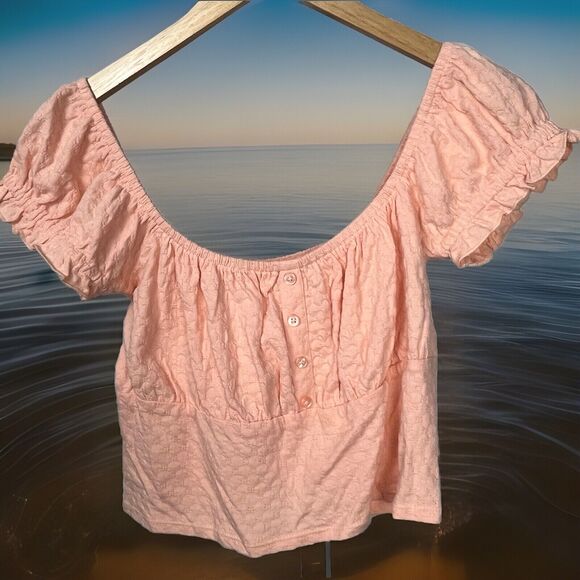 Billabong Crop Top Puff Ruffle Short Sleeve Smocked Large Beach Boho Romantic‎ - Picture 1 of 5